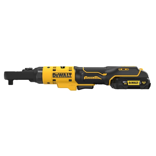 A DEWALT cordless brushless ratchet tool with a yellow and black design, featuring a 12V XR 3.0 Ah battery attached.