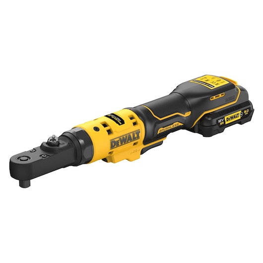 A DEWALT cordless ratchet wrench, featuring a brushless motor and 12V battery, shown with a yellow and black design.