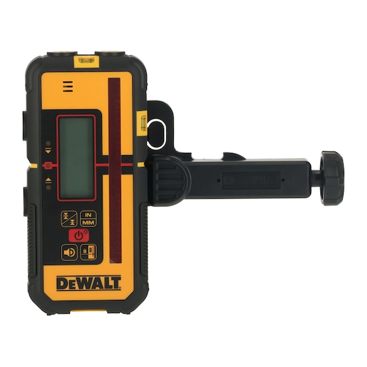 A DEWALT laser receiver with clamp, featuring a yellow and black design, digital display screen, control buttons, and built-in bubble levels.