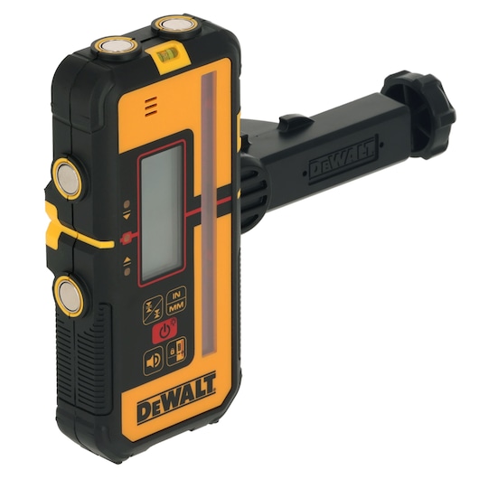 A DEWALT DCLE15211R digital laser detector in black and yellow, displayed with a mounting bracket. The device features an LCD screen, several control buttons, and indicator lights.