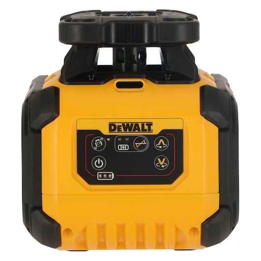 Front view of a DEWALT DCLE15211R rotary laser level with a yellow and black casing and a digital control panel.