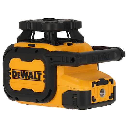 A DEWALT yellow and black rotary laser level tool with a robust handle and sturdy construction, designed for precise leveling and alignment in construction or surveying applications.