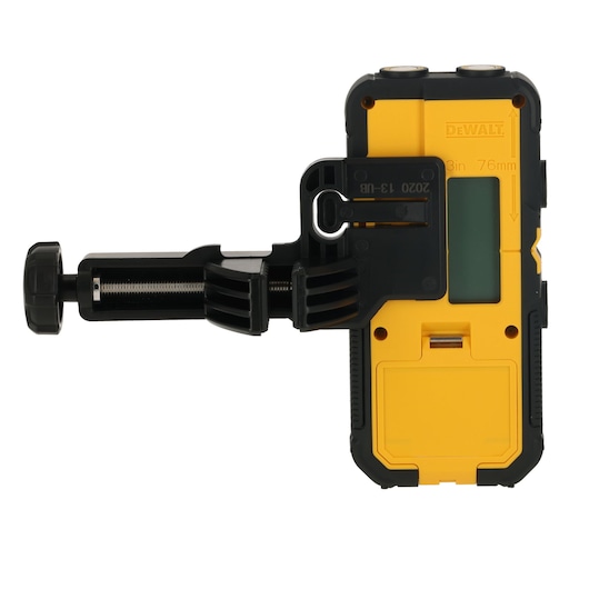 A DEWALT photography tool, model DCLE15221G, featuring a yellow and black body with an adjustable clamp and visible digital display screen.