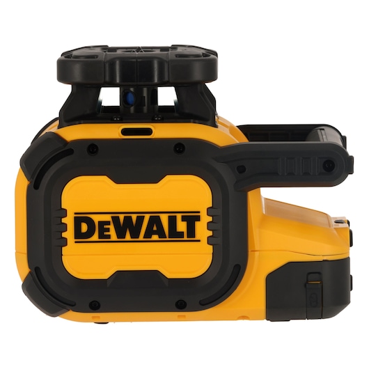 A yellow and black DEWALT self-leveling rotary laser tool, model DCLE15221G, designed for precision measurements in photography and construction.