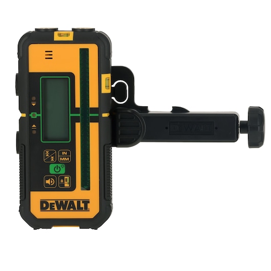 DEWALT DCLE15221G digital laser detector, with a yellow and black design, LCD screen, buttons, and mounting bracket for photography or construction use.