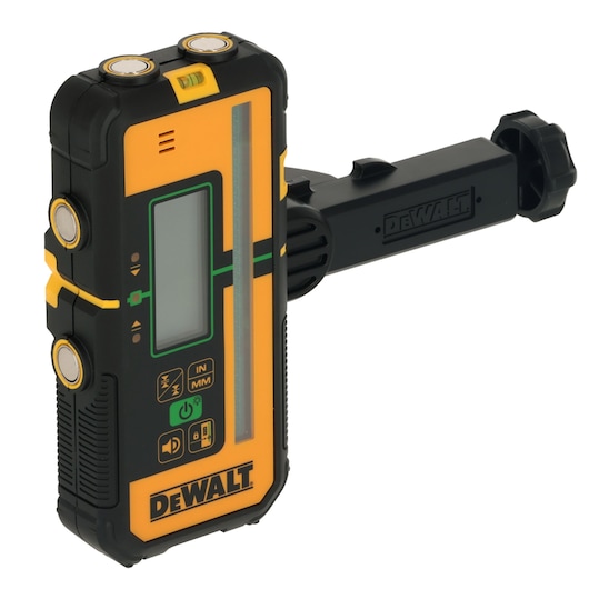 A DEWALT DCLE15221G laser detector with clamp attachment, featuring a digital display and rugged yellow and black casing.