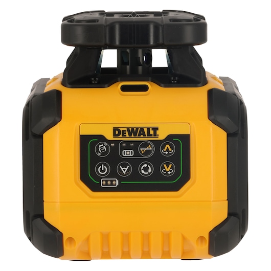 Front view of a DEWALT DCLE15221G rotary laser level with a yellow and black rugged casing, control panel with multiple icons and buttons, and the DEWALT logo above the panel.
