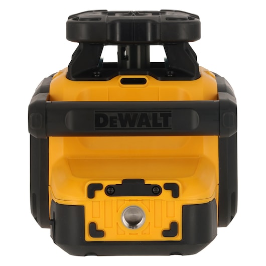 Front view of a DEWALT DCLE15221G photography tool, featuring a sturdy yellow and black body with a solid handle and mounting point.
