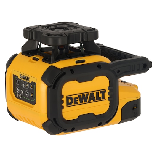 A yellow and black DEWALT rotary laser level device, featuring a durable plastic body, control panel with buttons, and a handle for portability. The product is designed for precise leveling and alignment tasks in construction and carpentry.