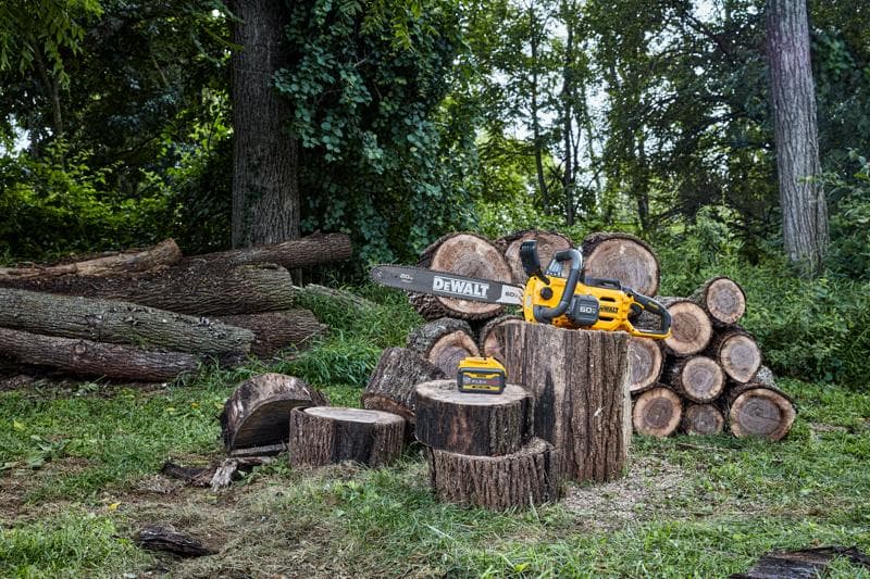 Una motosierra inalámbrica DEWALT y una batería están colocadas sobre troncos de árboles cortados al aire libre, con un fondo de troncos apilados y árboles.