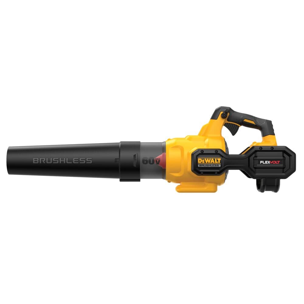 Un soplador de hojas inalámbrico DEWALT con diseño amarillo y negro, equipado con batería FLEXVOLT de 60V y motor sin escobillas.