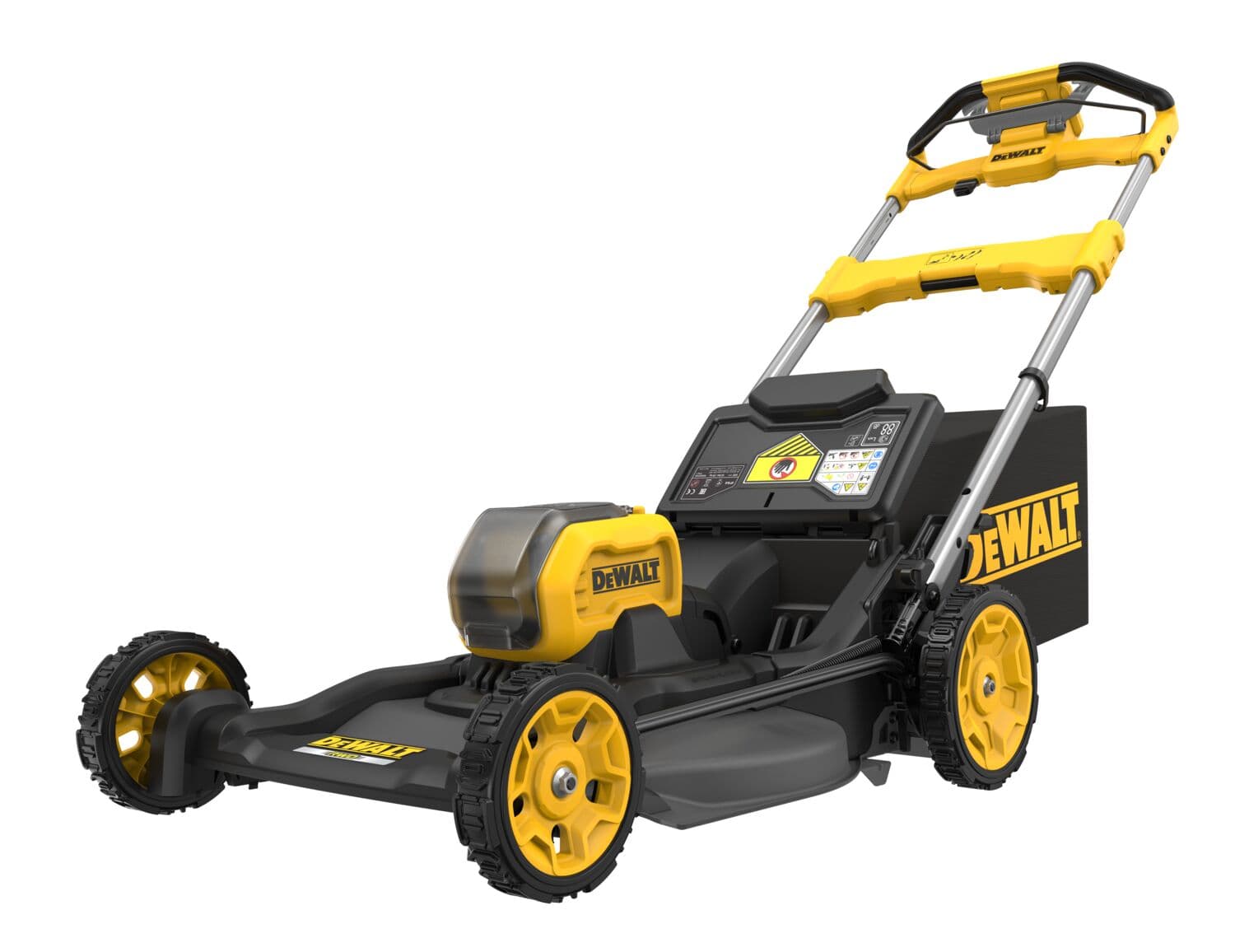 Un cortacésped eléctrico inalámbrico DEWALT con diseño amarillo y negro, que presenta un mango resistente, grandes ruedas traseras y una bolsa colectora de césped.