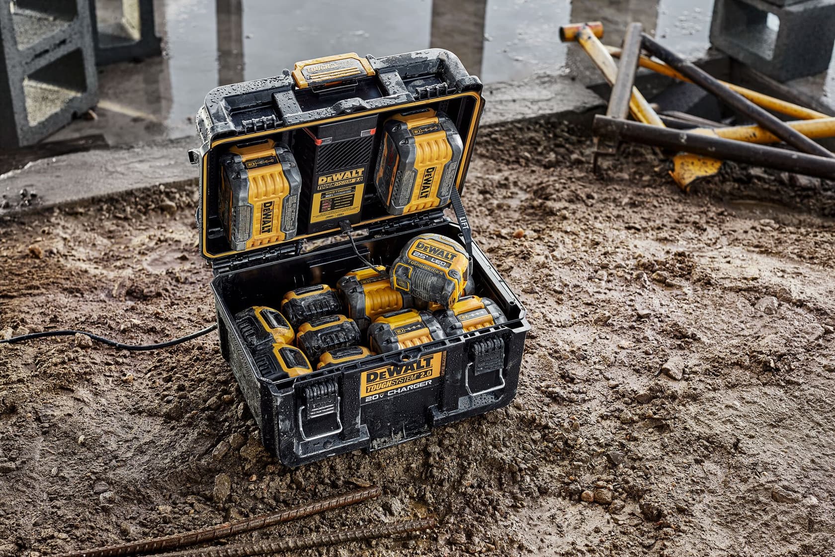 Un estuche de cargador para obra DEWALT ToughSystem 2.0 (modelo DWST08050) abierto en un sitio de construcción embarrado, mostrando varias baterías y cargadores para herramientas eléctricas DEWALT amarillos y negros organizados dentro del estuche.