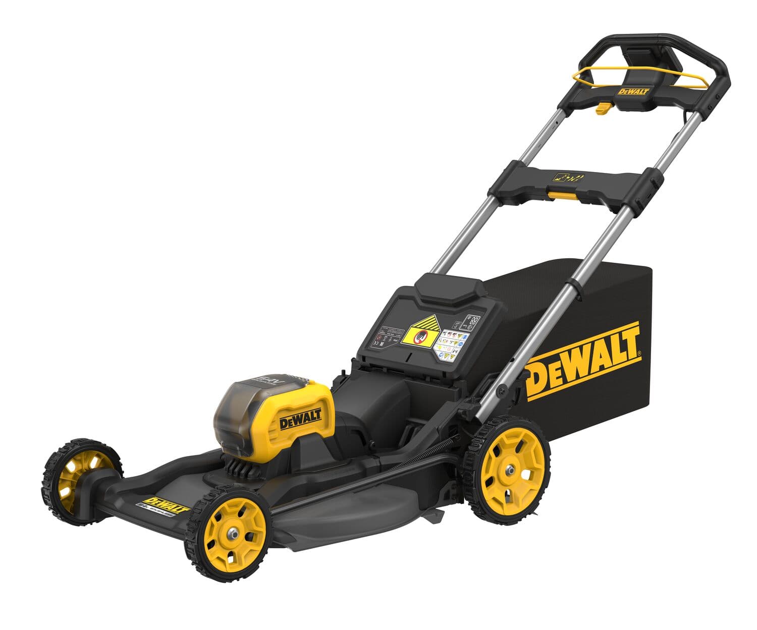 Cortacésped eléctrico inalámbrico DEWALT con diseño amarillo y negro, grandes ruedas traseras, compartimento para batería en la parte superior, manillar para empujar y bolsa de recogida de césped en la parte trasera.