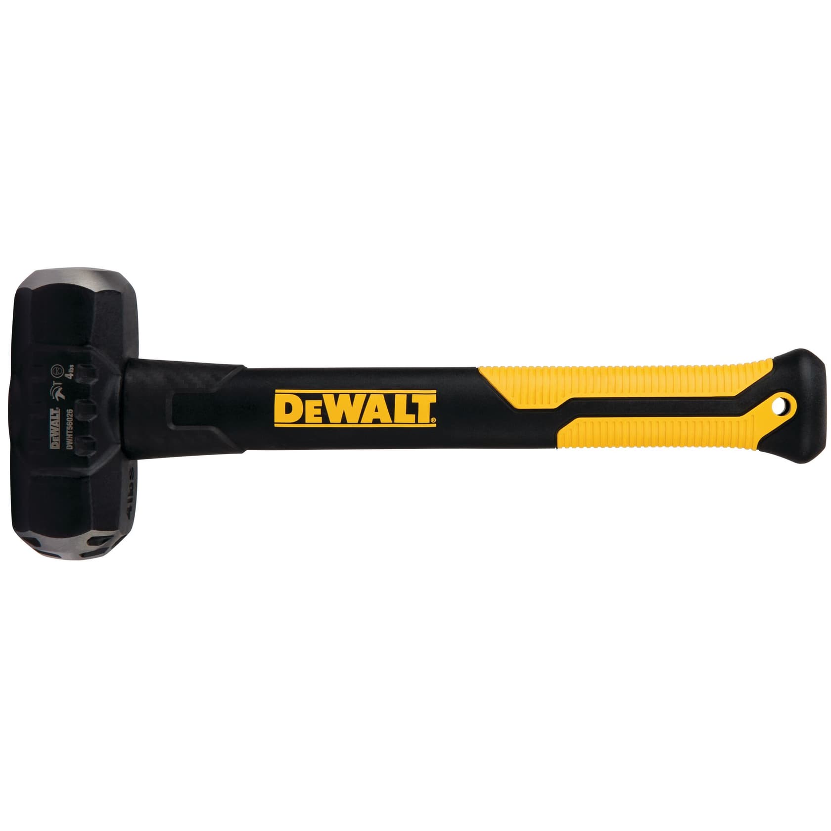 Un mazo de la marca DEWALT con mango negro y amarillo, diseñado para trabajos de construcción o demolición de alta resistencia. La cabeza del martillo es sólida y robusta, apta para uso profesional.