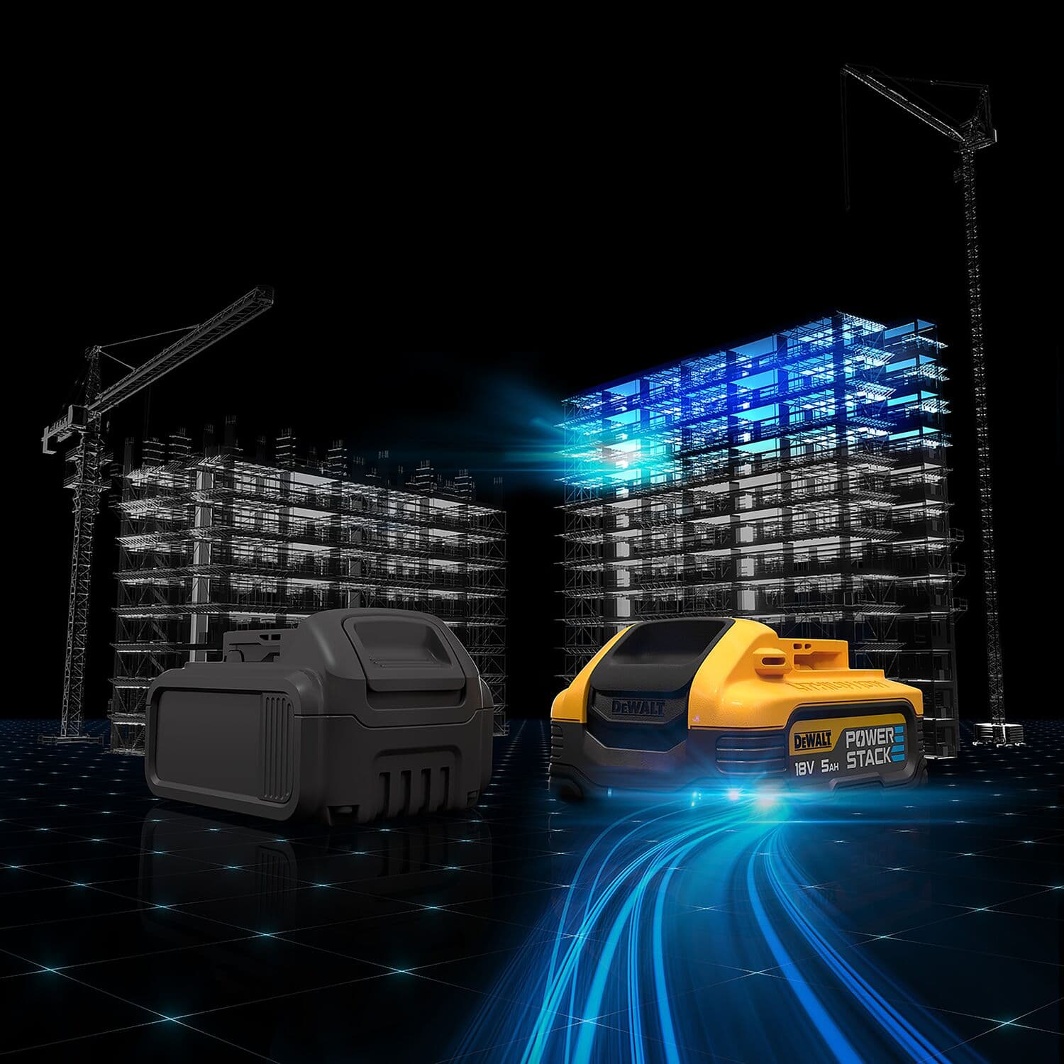 La batería DEWALT POWERSTACK 18V aparece en primer plano sobre un fondo oscuro con dos edificios de obra y grúas. La imagen utiliza efectos digitales que destacan la tecnología avanzada de la batería.