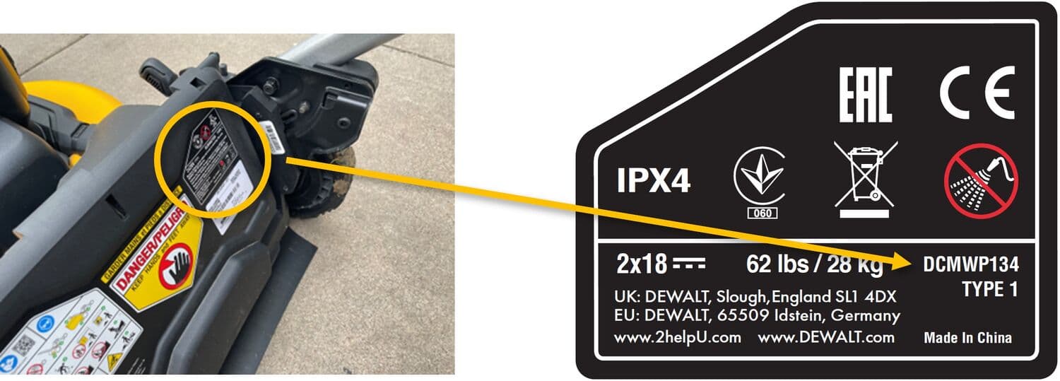 Product label on a DEWALT lawn mower is highlighted, showing detailed markings including certifications, weight (62 lbs / 28 kg), model DCMWP134, IPX4 rating, and manufacturer information.