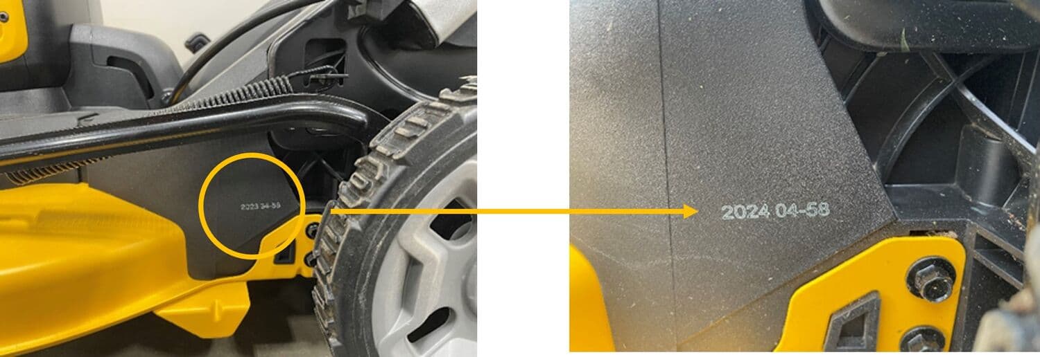 Close-up image showing yellow and black DEWALT lawn mower parts, with yellow circles and arrows highlighting the location of stamped manufacturing codes on the mower frame near the wheels.